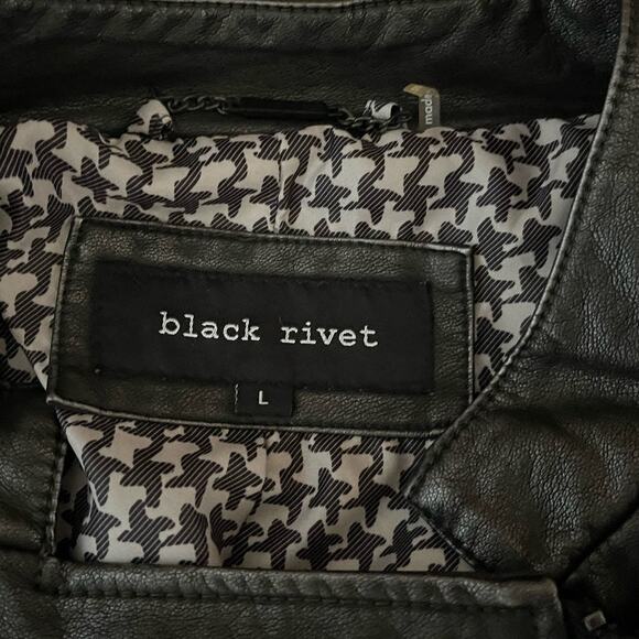 BLACK RIVET FAUX VEGAN LEATHER MOTO BIKER JACKET BLACK ASYMMETRICAL FRONT ZIP L - Picture 2 of 12